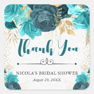 Watercolor Turquoise Gold Flowers Bridal Shower Square Sticker
