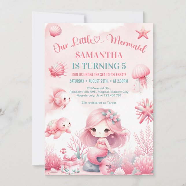 Watercolor turquoise pink mermaid any birthday invitation (Front)