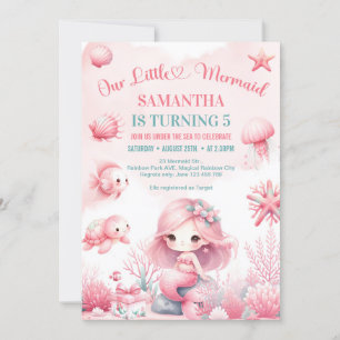 Watercolor turquoise pink mermaid any birthday invitation