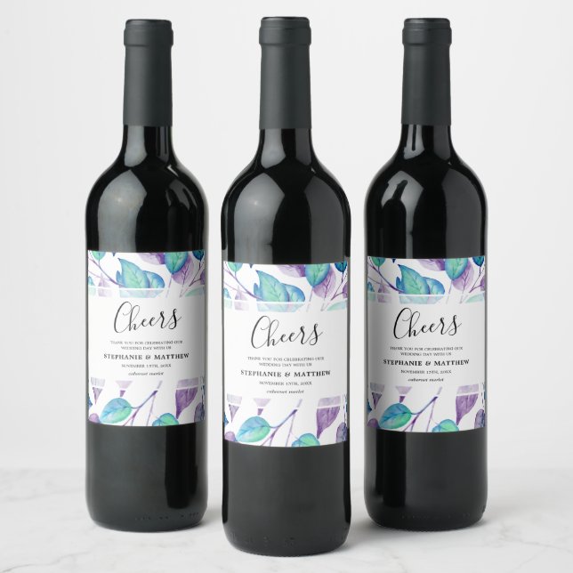 Watercolor Turquoise Purple Foliage Wedding Wine Label (Bottles)