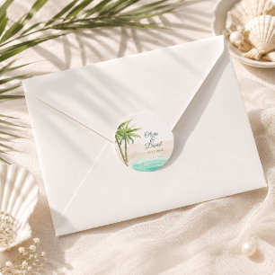 Watercolor Turquoise Sandy Beach Wedding Classic Round Sticker