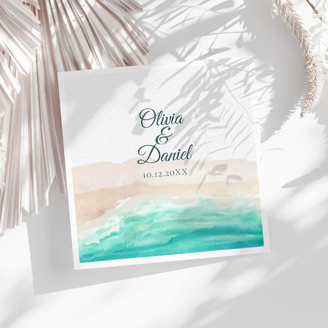 Watercolor Turquoise Sandy Beach Wedding Napkin (Watercolor Turquoise Sandy Beach Wedding Paper Dinner Napkins on a sunny white table.)