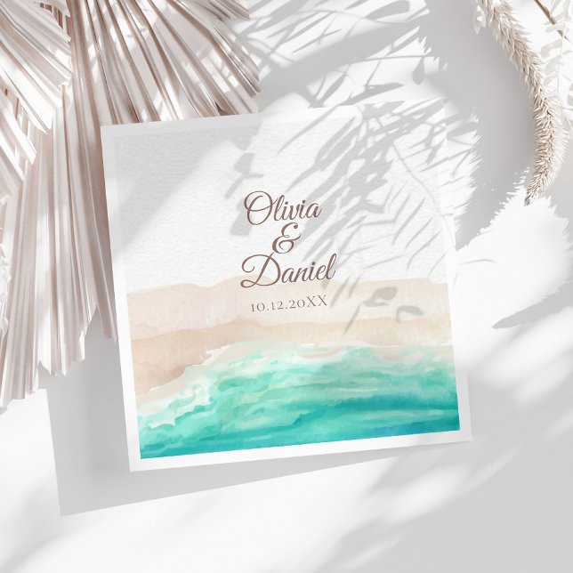 Watercolor Turquoise Sandy Beach Wedding Napkin (Watercolor Turquoise Sandy Beach Wedding Paper Dinner Napkins on a sunny white table.)