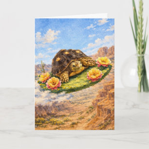 Watercolor Turtle flying on a magic cactus pad Card