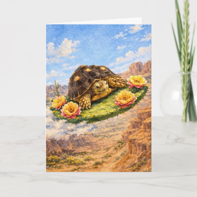 Watercolor Turtle flying on a magic cactus pad Card (Front)