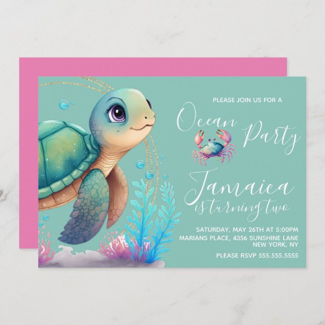 Watercolor Turtle Ocean Beach Birthday Party    Invitation (Front/Back)