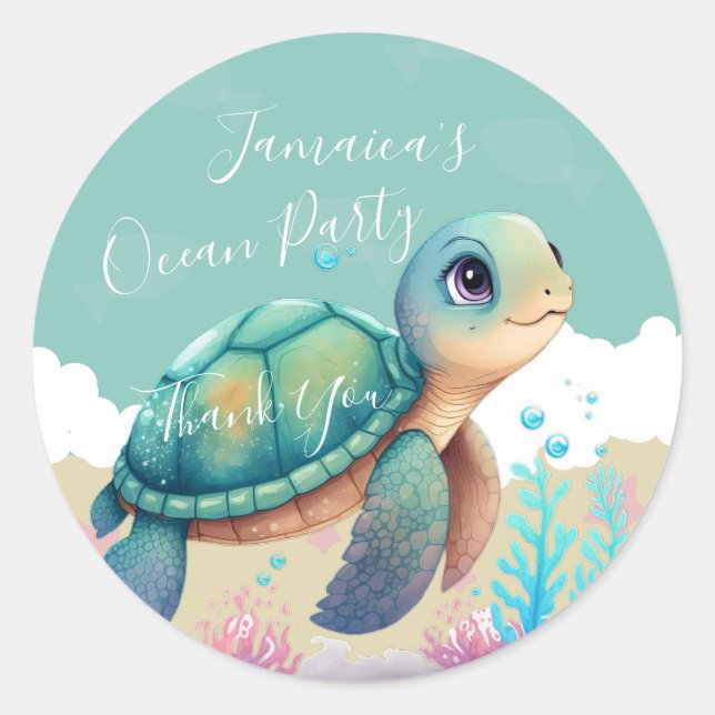 Watercolor Turtle Ocean Beach Birthday Thank You  Classic Round Sticker (Front)