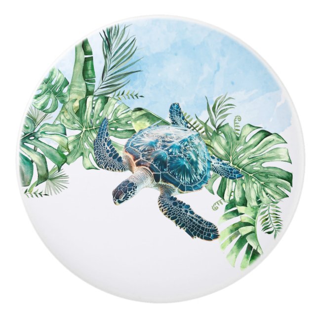  Watercolor Turtle Tropical Leaves Ceramic Knob (Front)