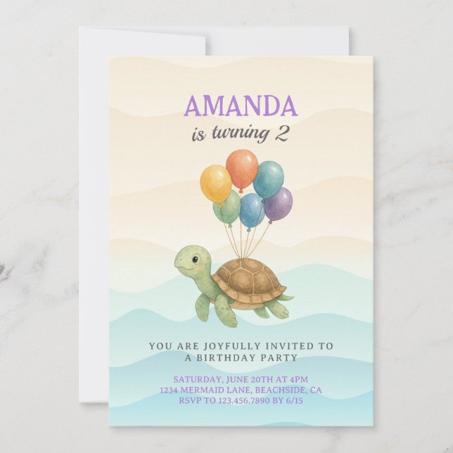 Watercolor Turtle Under the Sea Balloons Birthday Invitation (Front)