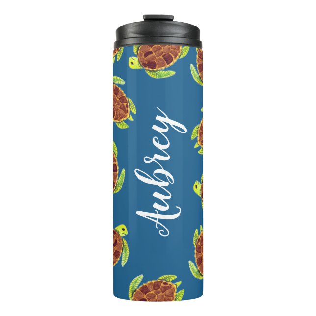 Watercolor Turtles Illustration & Ocean Blue Thermal Tumbler (Front)