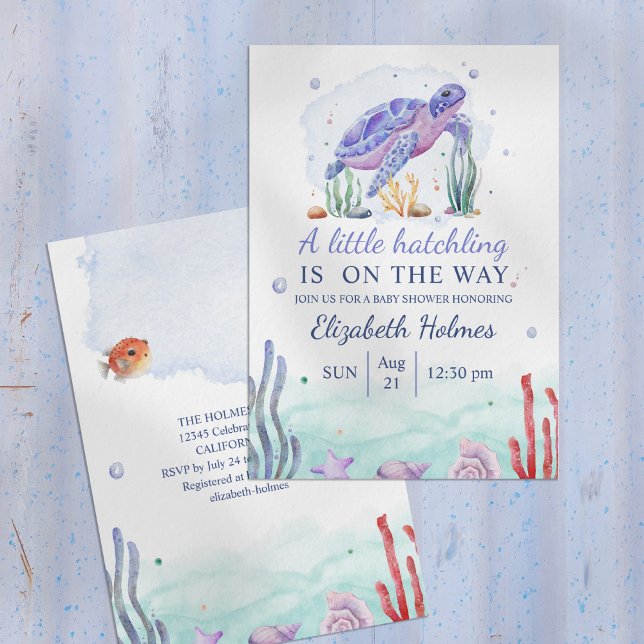 Watercolor Turtoise Sealife Baby Shower Invitation (Watercolor Turtoise Sealife Baby Shower Invitation on pale blue wooden background)