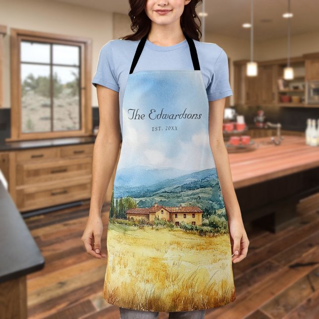 Watercolor Tuscan Mediterranean Family Name Apron (Watercolor Tuscan Mediterranean Family Name Apron)