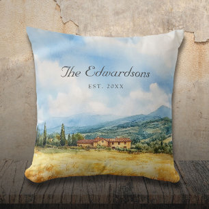 Watercolor Tuscan Mediterranean Family Name Cushion