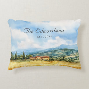 Watercolor Tuscan Mediterranean Family Name Decorative Cushion