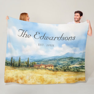 Watercolor Tuscan Mediterranean Family Name Fleece Blanket