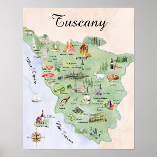 Watercolor Tuscany Food & Landmark Map Poster