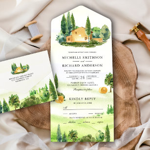 Watercolor Tuscany Landscape Italian Farm Wedding All In One Invitation