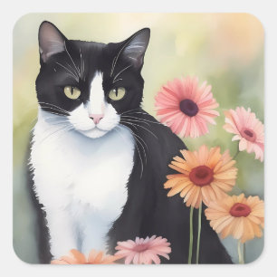Watercolor Tuxedo Cat With Gerbera Daisy Flowers Square Sticker