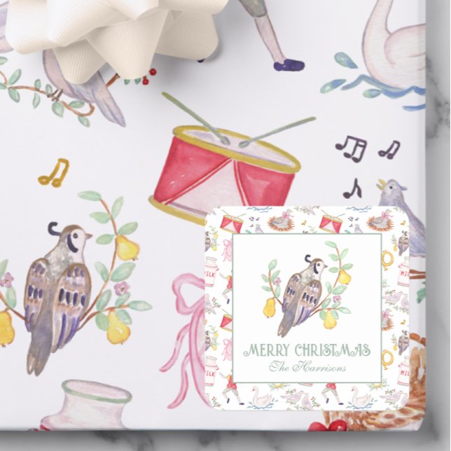 Watercolor Twelve Days of Christmas Gift Enclosure Square Sticker (Creator Uploaded)