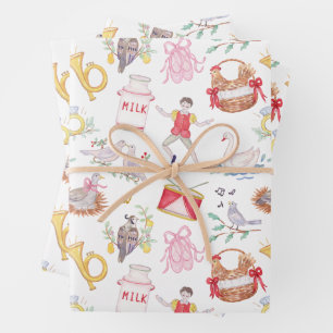 Watercolor Twelve Days of Christmas Photo Wrapping Paper Sheet