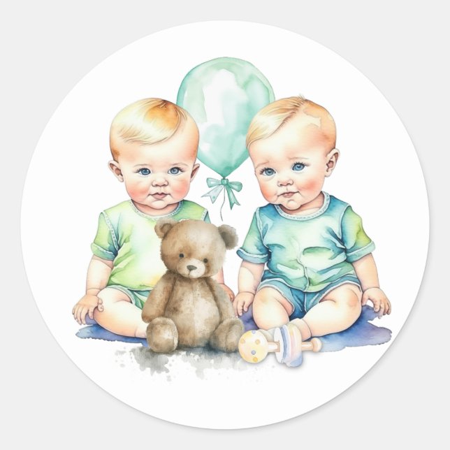 Watercolor Twin Boys Baby Shower Classic Round Sticker (Front)