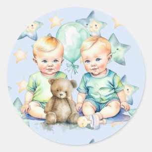 Watercolor Twin Boys Baby Shower Classic Round Sticker