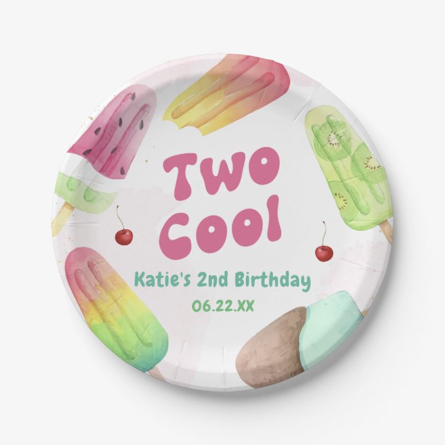 Watercolor Two Cool Popsicle 2nd Birthday Party Paper Plate (Front)