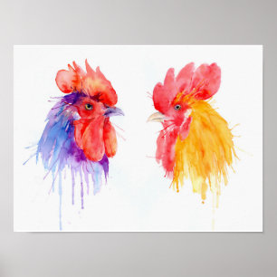 Watercolor Two Roosters Portrait Poster