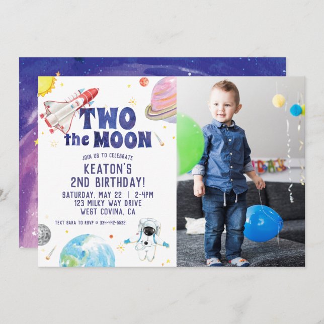 Watercolor Two the Moon Space Birthday Invitation (Front/Back)