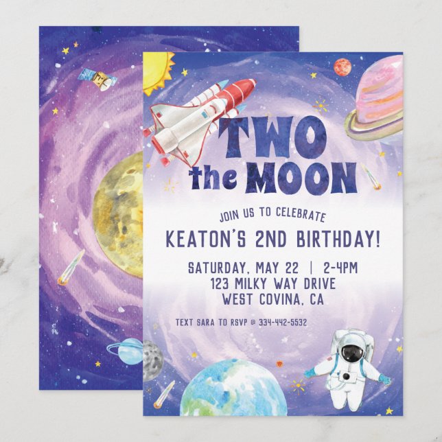 Watercolor Two the Moon Space Birthday Invitation (Front/Back)