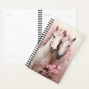 Watercolor Two White Horses Pink Floral Planner