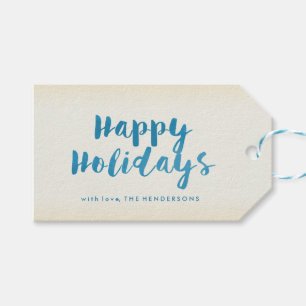 Watercolor Typography Blue Stripes Happy Holidays Gift Tags