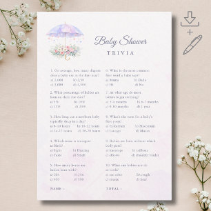  Watercolor Umbrella Baby Shower Trivia Game Card