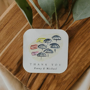 Watercolor Umbrellas Beach Thank You Favour Square Sticker