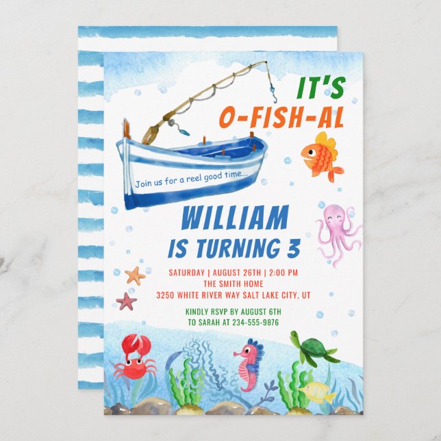 Watercolor Under the Sea Boat Fishing Birthday Invitation (Front/Back)