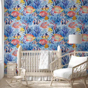 Watercolor Under The Sea Colourful Fishes Pattern Wallpaper