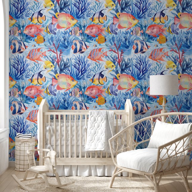 Watercolor Under The Sea Colourful Fishes Pattern Wallpaper (Kids)