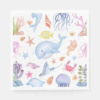 Watercolor Under the Sea Cute Ocean Animals Party Napkin