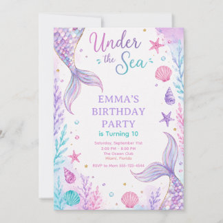Watercolor Under the Sea Mermaid Birthday Invitati Invitation