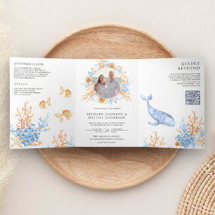 Watercolor Under the Sea Nautical QR Code Wedding Tri-Fold Invitation