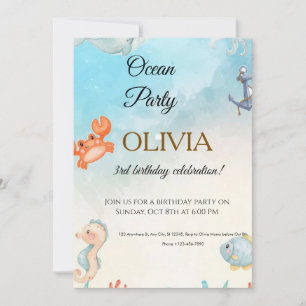 Watercolor Under the Sea Ocean Animal Kids Birthda Invitation