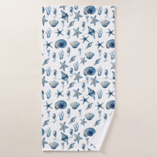 Watercolor Under the Sea Pattern Blue Bath Towel