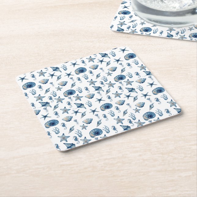 Watercolor Under The Sea Pattern Square Paper Coaster (Angled)