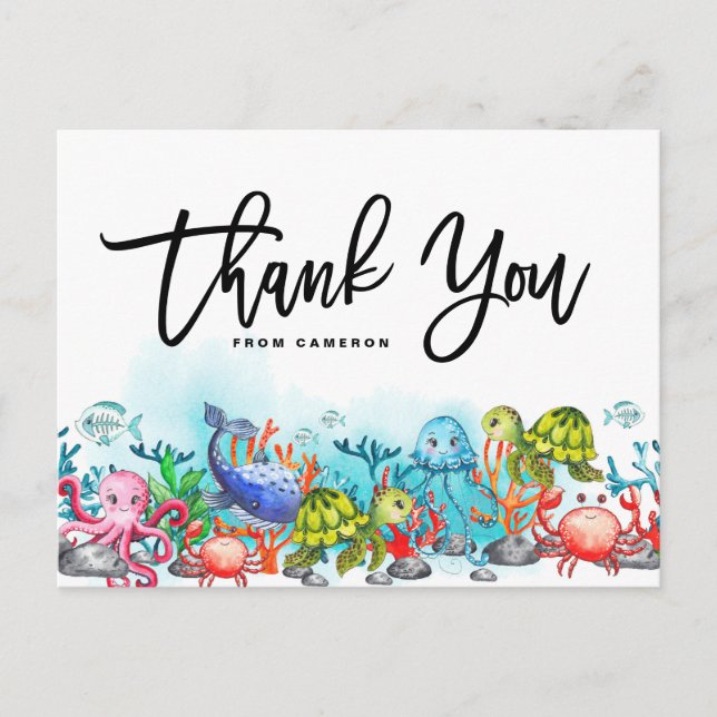 Watercolor Under the Sea Theme Birthday Thank You Postcard (Front)