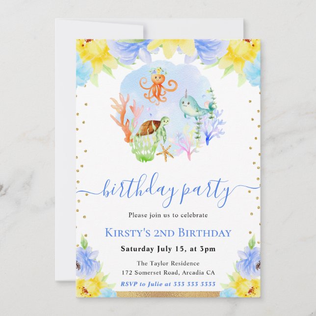Watercolor Underwater Animals Birthday Party Invitation (Front)