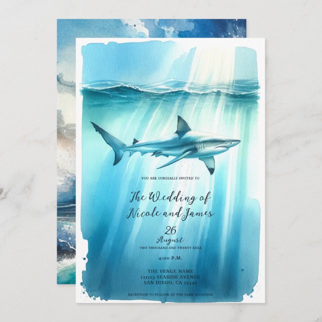 Watercolor Underwater Ocean Shark Aquarium Wedding Invitation (Front/Back)