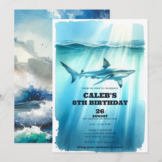 Watercolor Underwater Ocean Shark Birthday Party  Invitation (Front/Back)