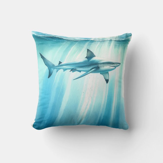 Watercolor Underwater Ocean Shark  Cushion (Front)