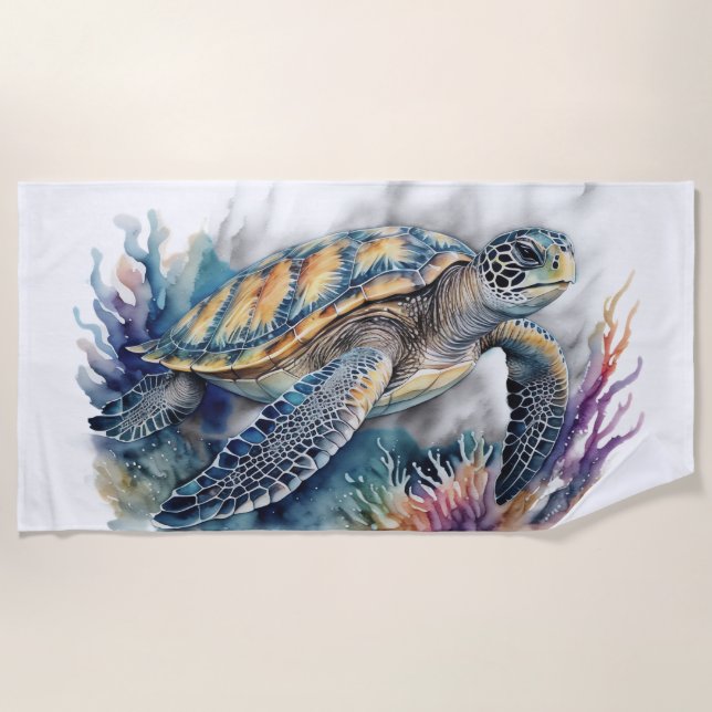 Watercolor Underwater Reef Scene Sea Turtle Beach Towel (Front)