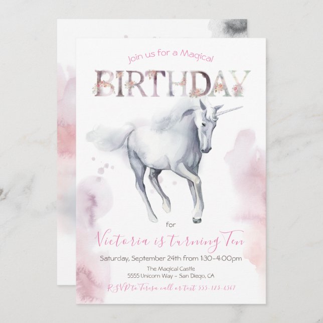 Watercolor Unicorn Birthday Invitation (Front/Back)